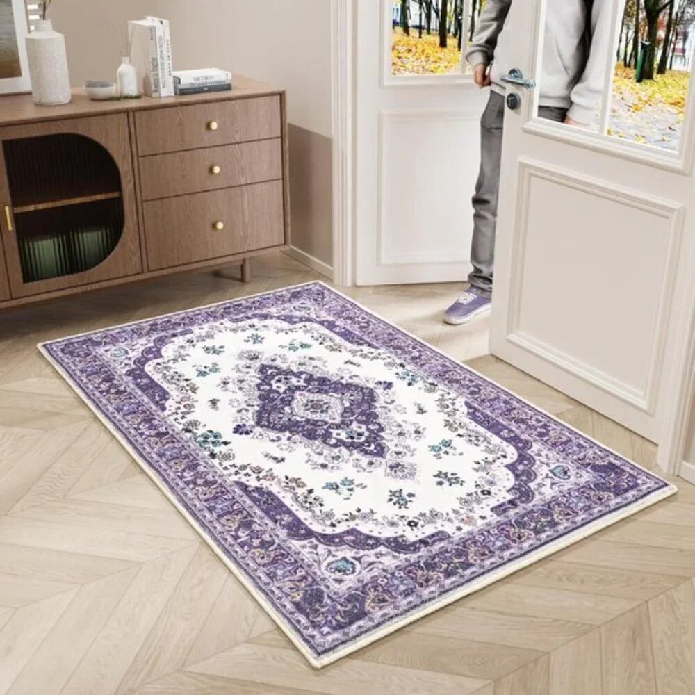 2x3 Purple Floral Rug, Washable Non-Slip Low Pile Vintage Carpet for Entryway